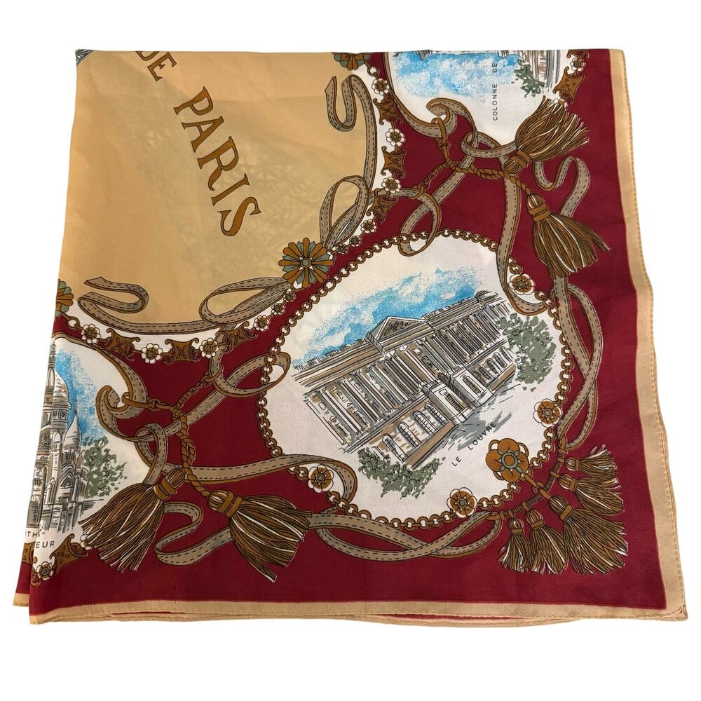 Souvenir De Paris Patricia Paris Scarf 29X29 Red Tan Eiffel Tower Made in Italy